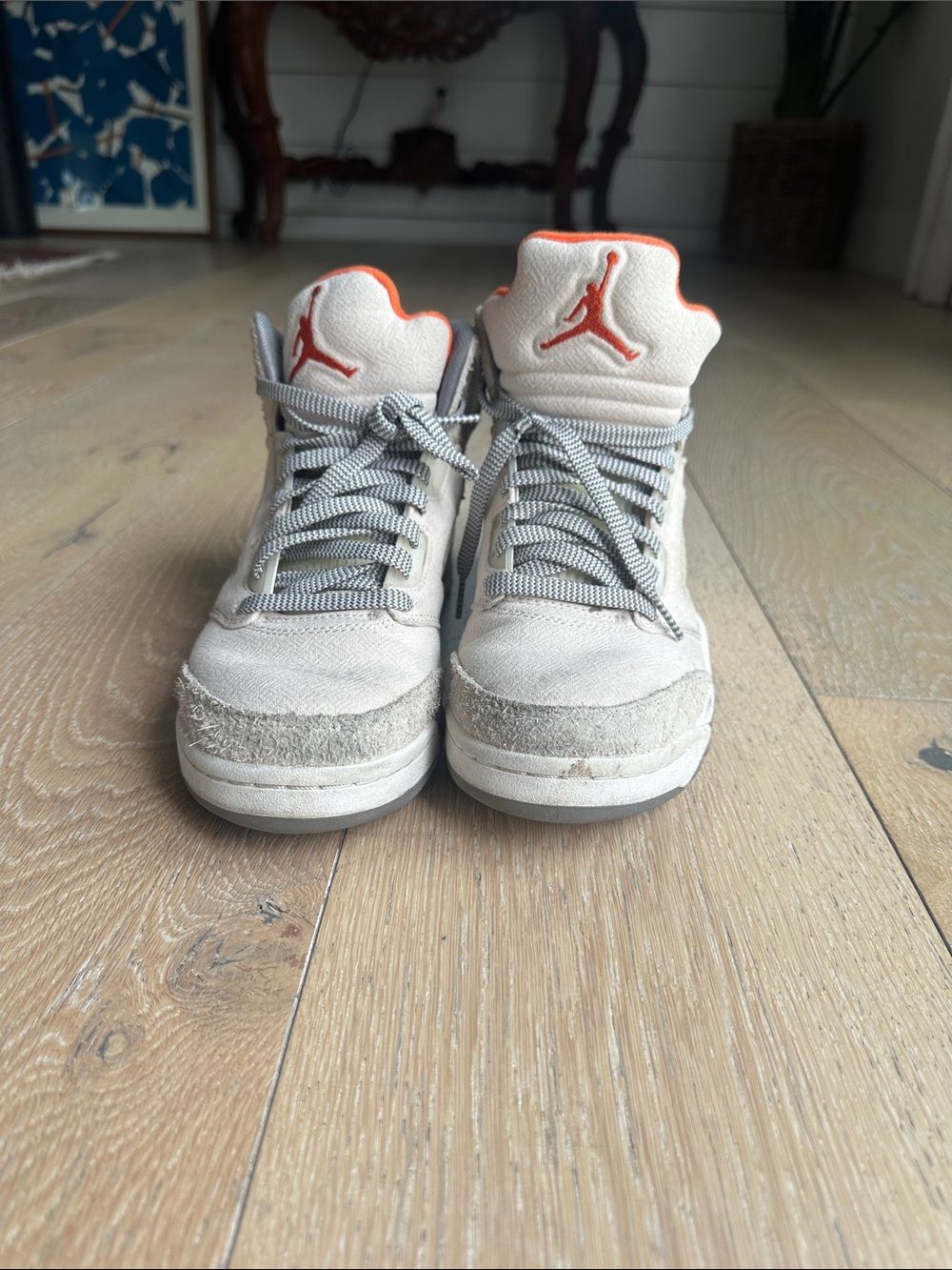 Air Jordan Retro-Inspired Women's Sneakers in Light Gray with Orange Accents